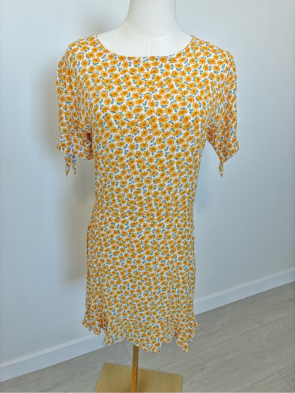 Faithfull the Brand Yellow Sunflower Floral Mini Dress with Tie Sleeves